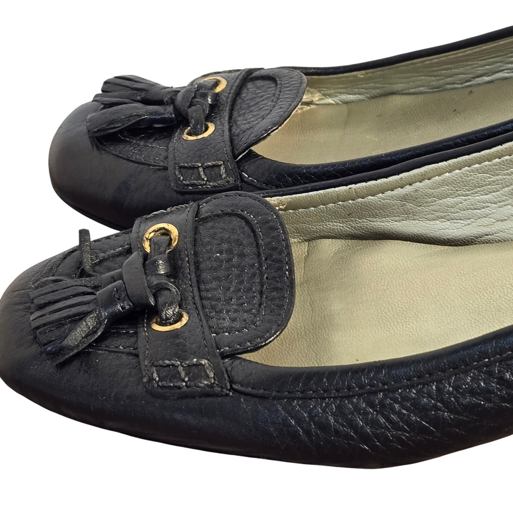 Talbots Black Pebbled Leather Tassel Loafer Pumps Low Block Heel Gold Hardware - Picture 10 of 16